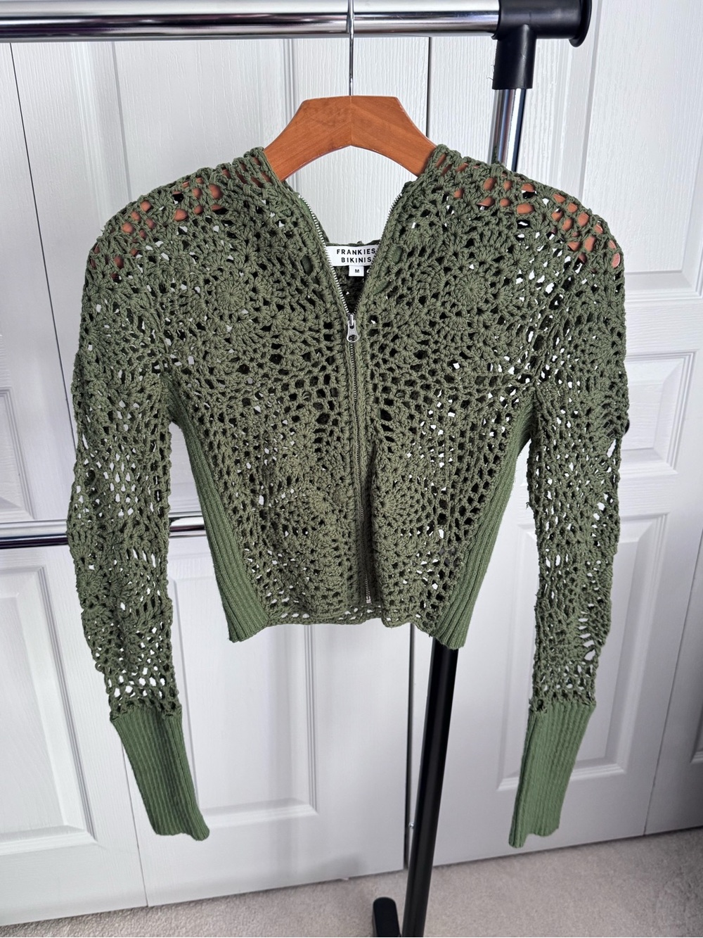 Frankie's Bikinis Olive Green Crochet Zip Front Cardigan
